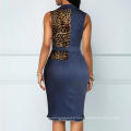 Sexy Hole Single Breasted Leopard Patchwork Denim Women Casual Dresses